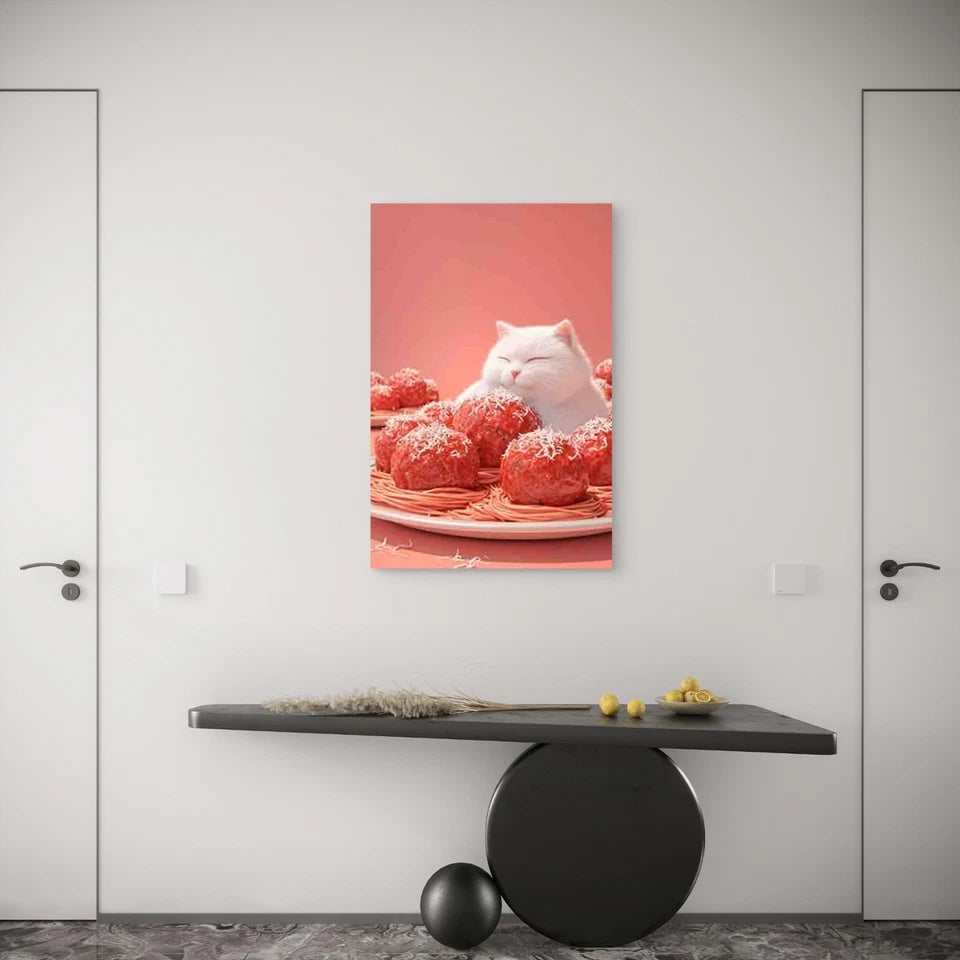 Cozy Cat Among Meatballs Metal Print Ready to Hang