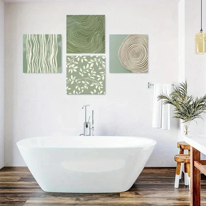 4pcs Green & White Geometric & Floral Designs Wall Art Canvas Framed