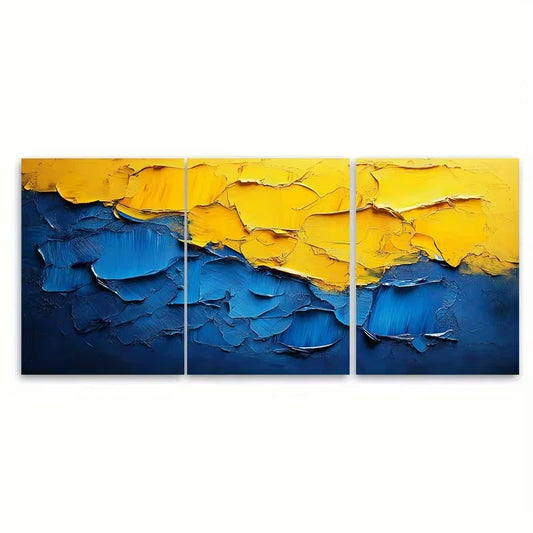 3pcs Vibrant Blue and Yellow Abstract Metal Print Ready to Hang Art