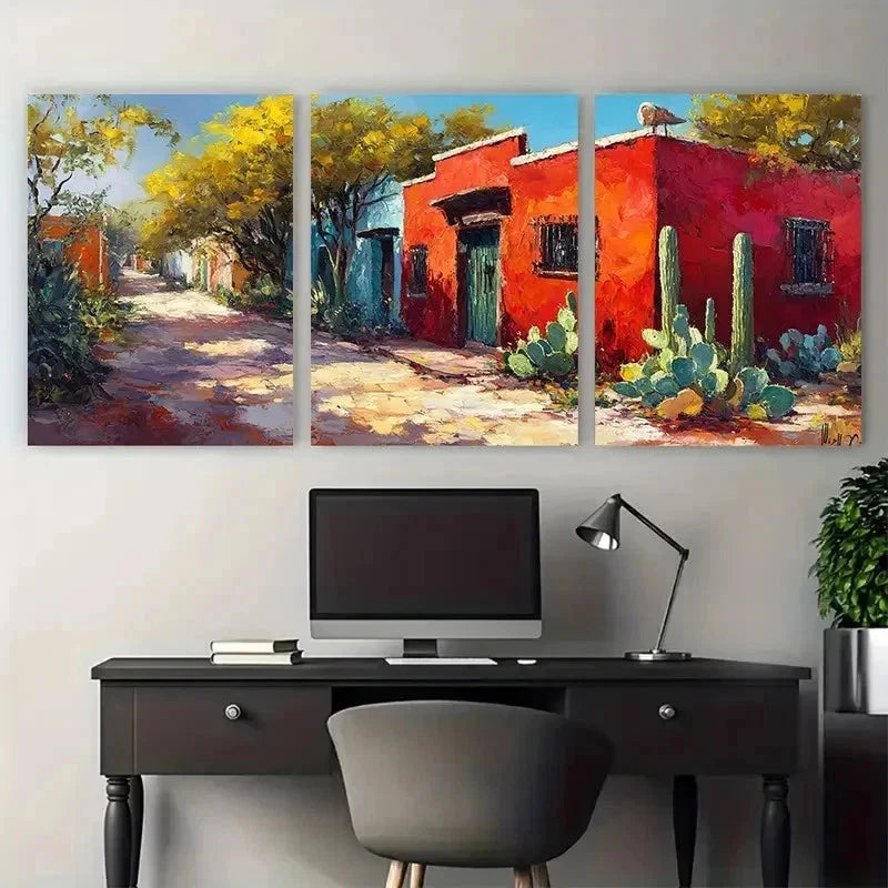 3pcs Red Mexican House Oil Painting Perfect Wall Art Set Canvas Framed 50x70cm - High Quality Print 100% Australian Made Wall Canvas Ready to Hang