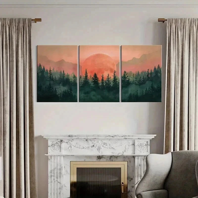 3pcs Sunset Forest Mountains Vintage Wall Art Set Canvas Framed 50x70cm - High Quality Print 100% Australian Made Wall Canvas Ready to Hang - Bella Home Decor