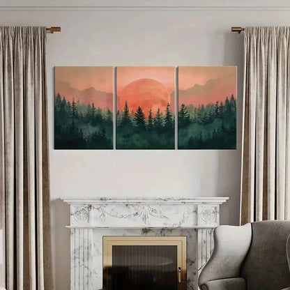 3pcs Sunset Forest Mountains Vintage Wall Art Set Canvas Framed 50x70cm - High Quality Print 100% Australian Made Wall Canvas Ready to Hang - Bella Home Decor
