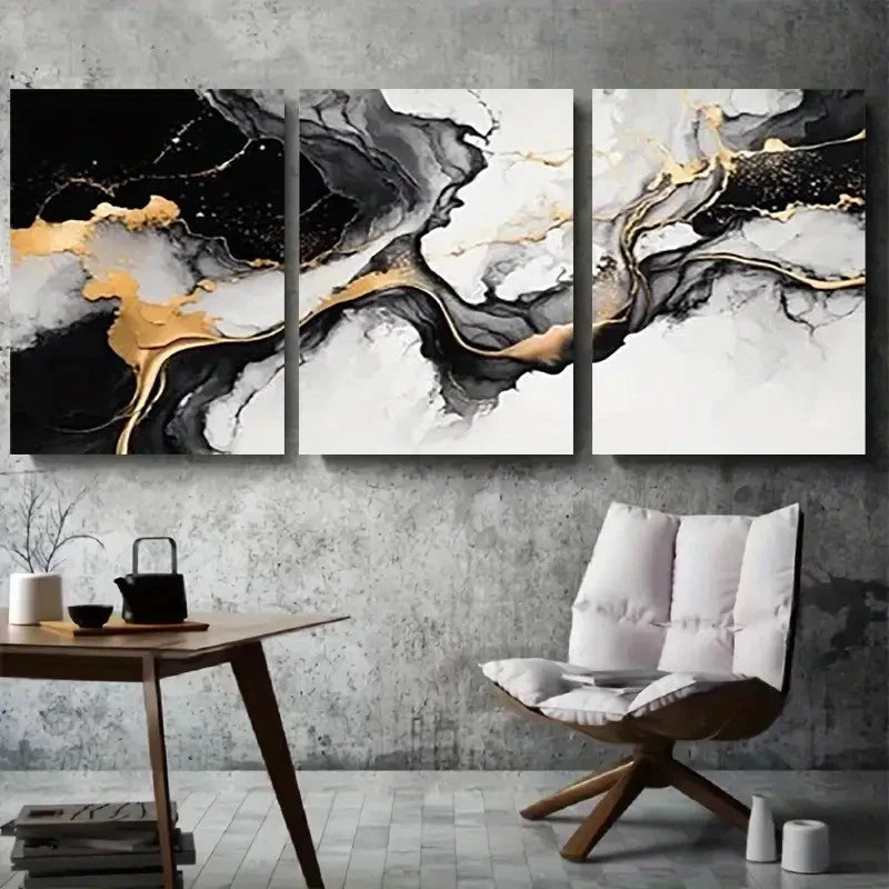3pcs Black Golden White Fluid Design Metal Print Ready to Hang Art - Bella Home Decor