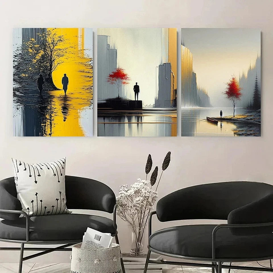 Three abstract paintings of people in a cityscape setting above modern black chairs with a decorative pillow.