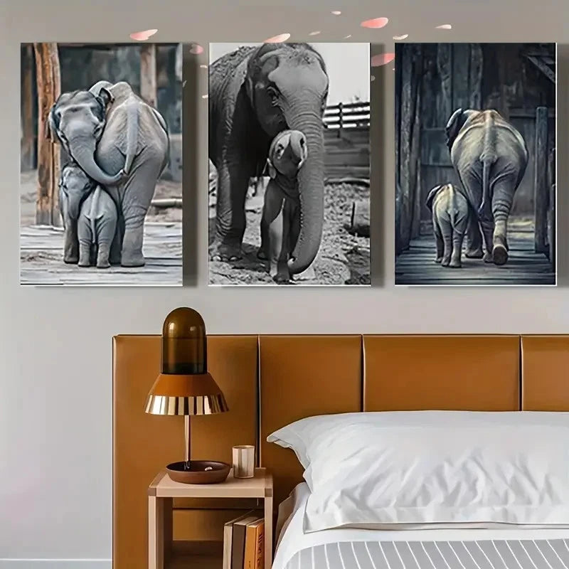 3pcs Realistic Elephant Family   Wall Art Canvas Framed 40x60cm - High Quality Print 100% Australian Made Wall Canvas Ready to Hang