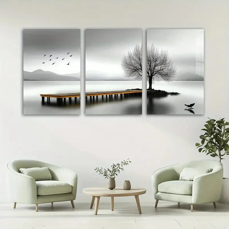 3pcs Seaside Birds and Trees Black & White Metal Print Ready to Hang Art - Bella Home Decor