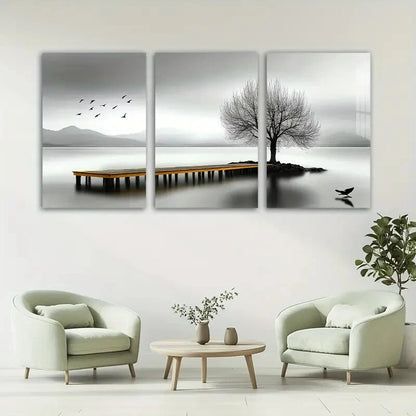3pcs Seaside Birds and Trees Black & White Metal Print Ready to Hang Art - Bella Home Decor