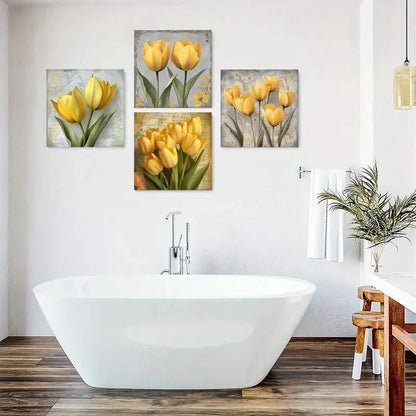 4pcs Yellow Tulips Canvas Artwork Wall Art Canvas Framed
