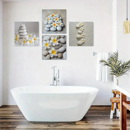 4pcs Egg Flower Decorative Painting, White Stone Wall Art Canvas Framed