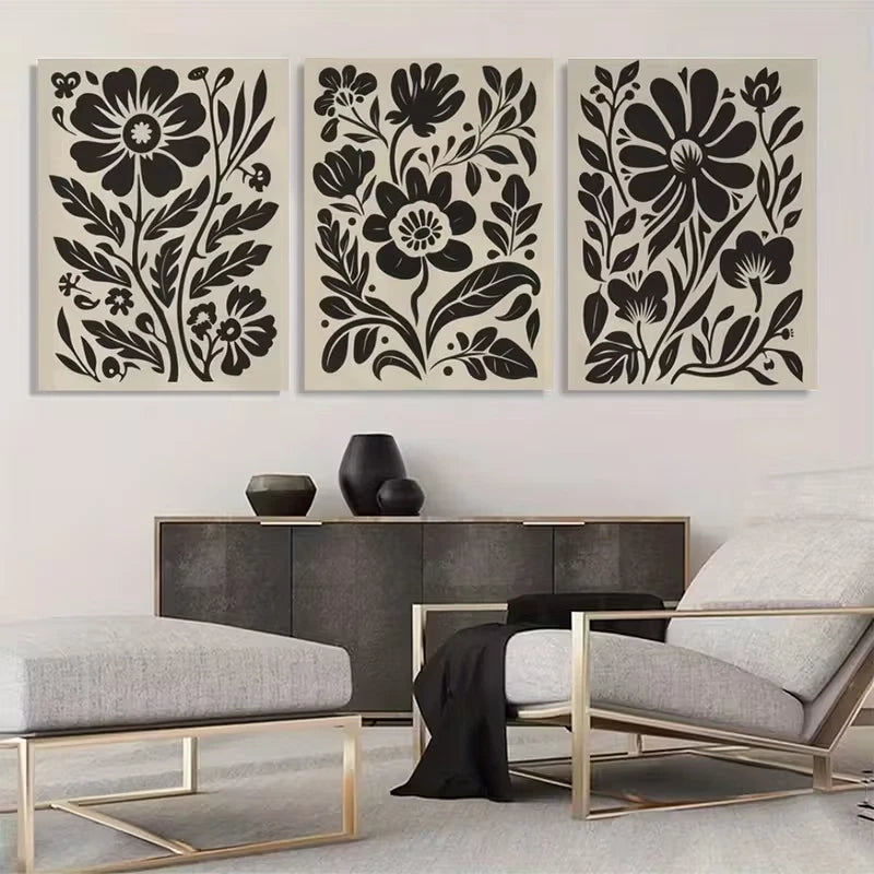 3pcs Black, White & Beige Floral Abstract  Wall Art Set Canvas Framed 40x60cm - High Quality Print 100% Australian Made Wall Canvas Ready to Hang - Bella Home Decor