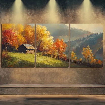 3pcs Autumn Wooden House Nature Colorful Perfect Wall Art Set Canvas Framed 60x90cm - High Quality Print 100% Australian Made Wall Canvas Ready to Hang