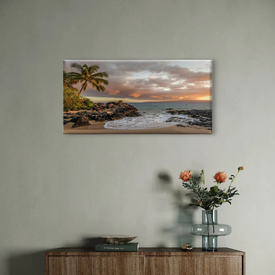 Rock Beach Palm Tree & Ocean Horizon Wall Art Canvas Office Home Framed 120x60cm