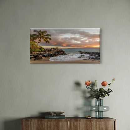 Rock Beach Palm Tree & Ocean Horizon Wall Art Canvas Office Home Framed 120x60cm
