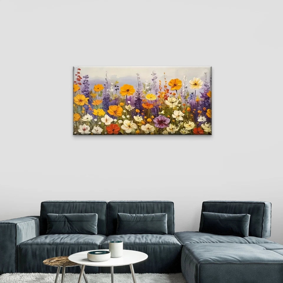 Field Flower Floral Colourful Wall Art Canvas Office Home Room Framed 120x60cm