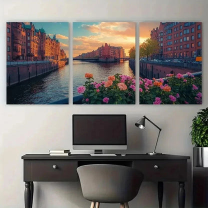 3pcs Vibrant Floral & Cityscape Perfect Wall Art Set Canvas Framed 50x70cm - High Quality Print 100% Australian Made Wall Canvas Ready to Hang