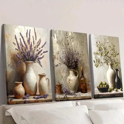 3pcs Rustic Three Lavender Pottery Jar Wall Art Set Canvas Unframed - High Quality Print 100% Australian Made Wall Canvas