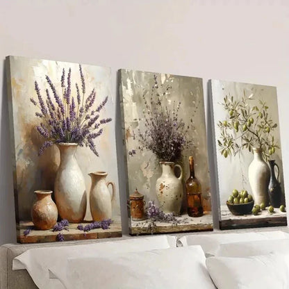 3pcs Rustic Three Lavender Pottery Jar Wall Art Set Canvas Unframed - High Quality Print 100% Australian Made Wall Canvas