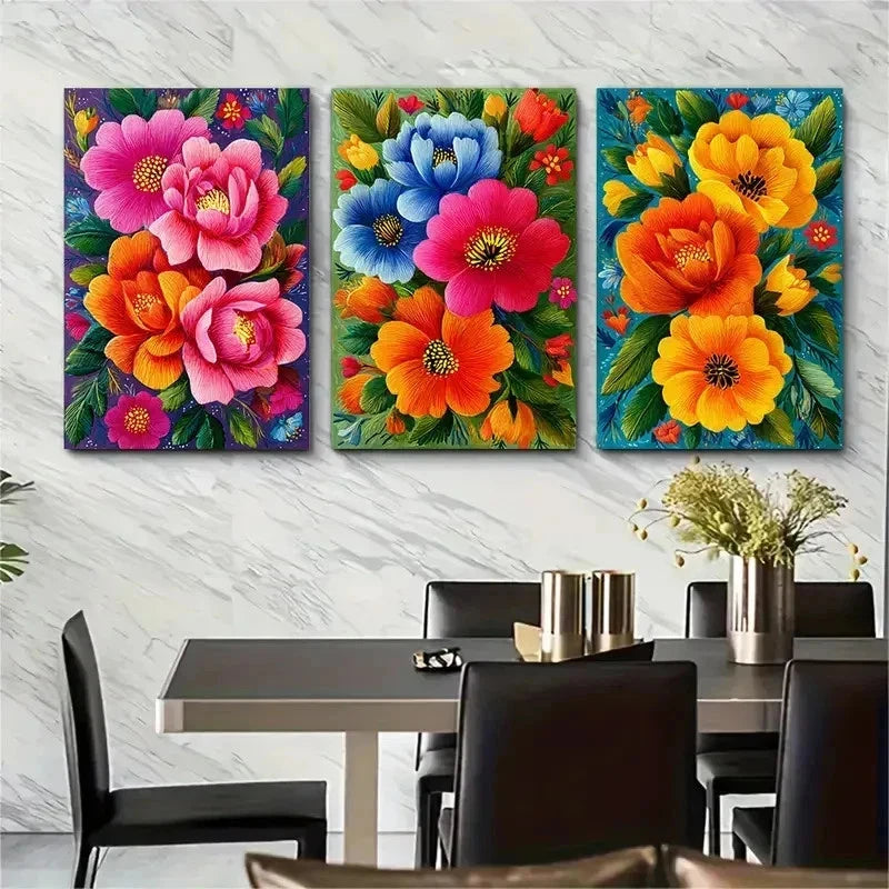 3pcs Vintage Chilean Floral Prints Perfect Wall Art Set Canvas Framed 50x70cm - High Quality Print 100% Australian Made Wall Canvas Ready to Hang