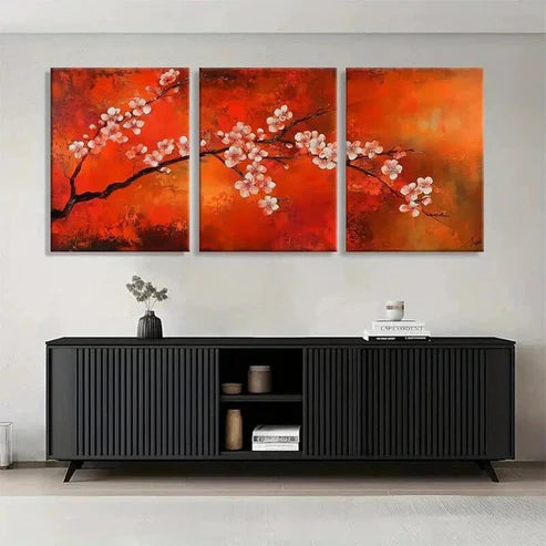 3pcs Red & Pink Flowering Cherry Tree Perfect Wall Art Set Canvas Unframed - High Quality Print 100% Australian Made Wall Canvas