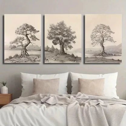 3pcs Vintage Forest Mountains Tree Landscape Wall Art Set Canvas Unframed - High Quality Print 100% Australian Made Wall Canvas