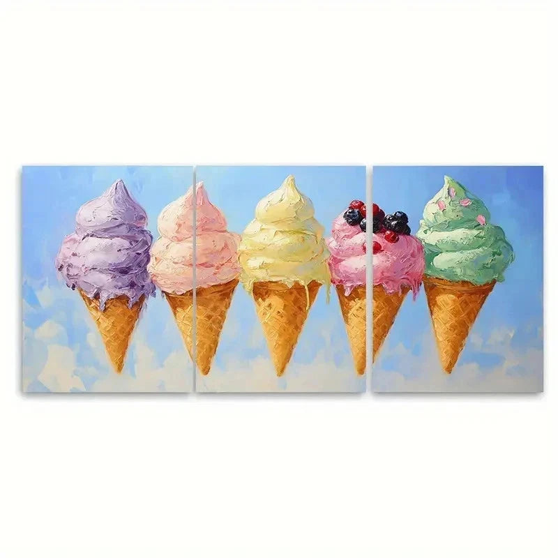 3pcs Ice Cream Fine Art Kitchen ER  Wall Art Set Canvas Framed 60x90cm - High Quality Print 100% Australian Made Wall Canvas Ready to Hang
