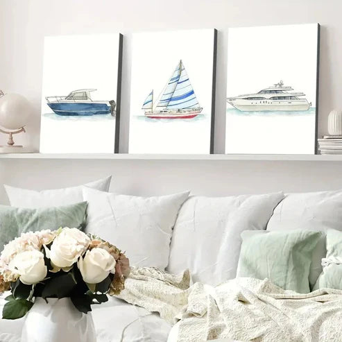 3pcs Ship Transportation Bars Designs Blue White  Wall Art Set Canvas Unframed - High Quality Print 100% Australian Made Wall Canvas