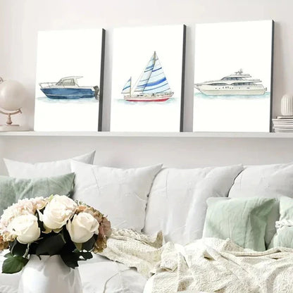 3pcs Ship Transportation Bars Designs Blue White  Wall Art Set Canvas Unframed - High Quality Print 100% Australian Made Wall Canvas