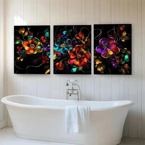 3pcs Colorful Blooming Flowers on Black Perfect Wall Art Canvas Unframed - High Quality Print 100% Australian Made Wall Canvas - Bella Home Decor