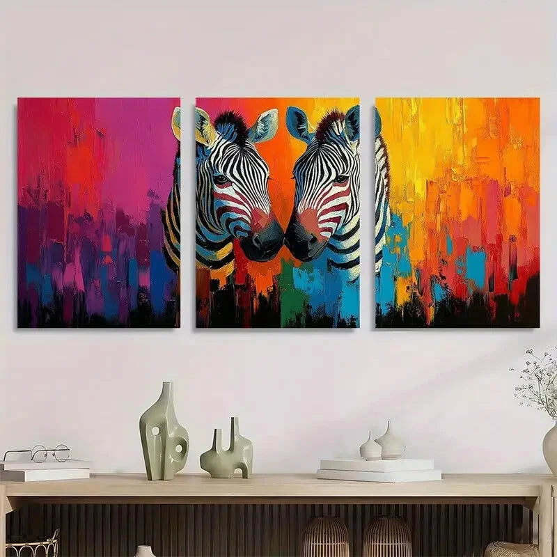 3pcs Colorful Zebra Pair Rainbow Modern Abstract Metal Print Ready to Hang Art - Bella Home Decor