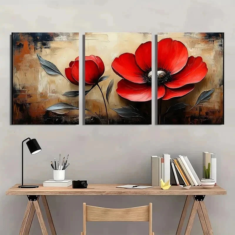 3pcs Red Flower Beige Vintage Perfect Wall Art Set Canvas Framed 40x60cm - High Quality Print 100% Australian Made Wall Canvas Ready to Hang - Bella Home Decor
