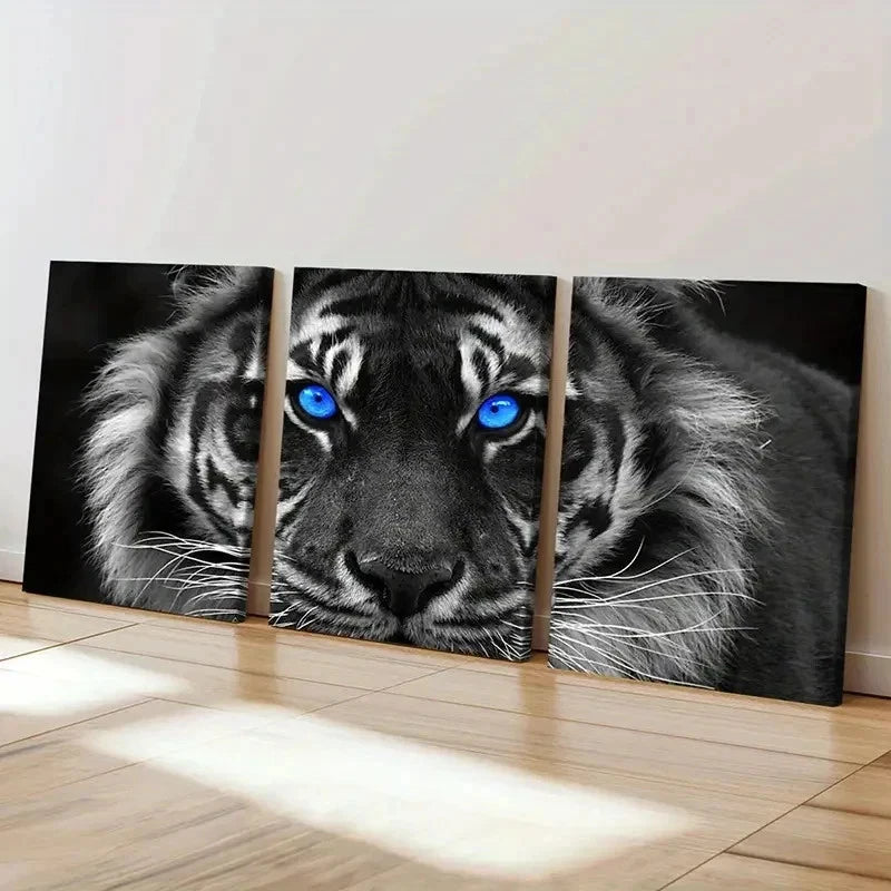 3pcs Gray Tiger Portrait with Blue Eyes Wall Art Set Canvas Framed 50x70cm - High Quality Print 100% Australian Made Wall Canvas Ready to Hang