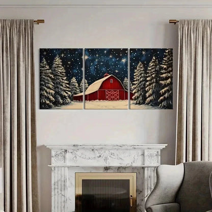 3pcs Winter Barn & Snowy Trees Starry Night Sky Wall Art Set Canvas Framed 40x60cm - High Quality Print 100% Australian Made Wall Canvas Ready to Hang - Bella Home Decor