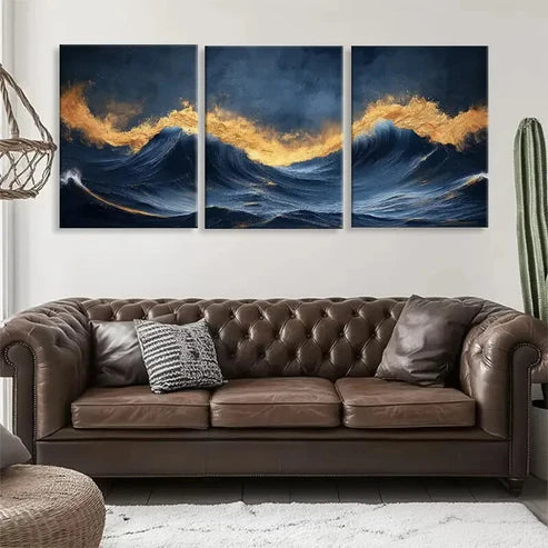3pcs Golden Ocean Waves with Fiery Glow Wall Art Canvas Unframed - High Quality Print 100% Australian Made Wall Canvas - Bella Home Decor