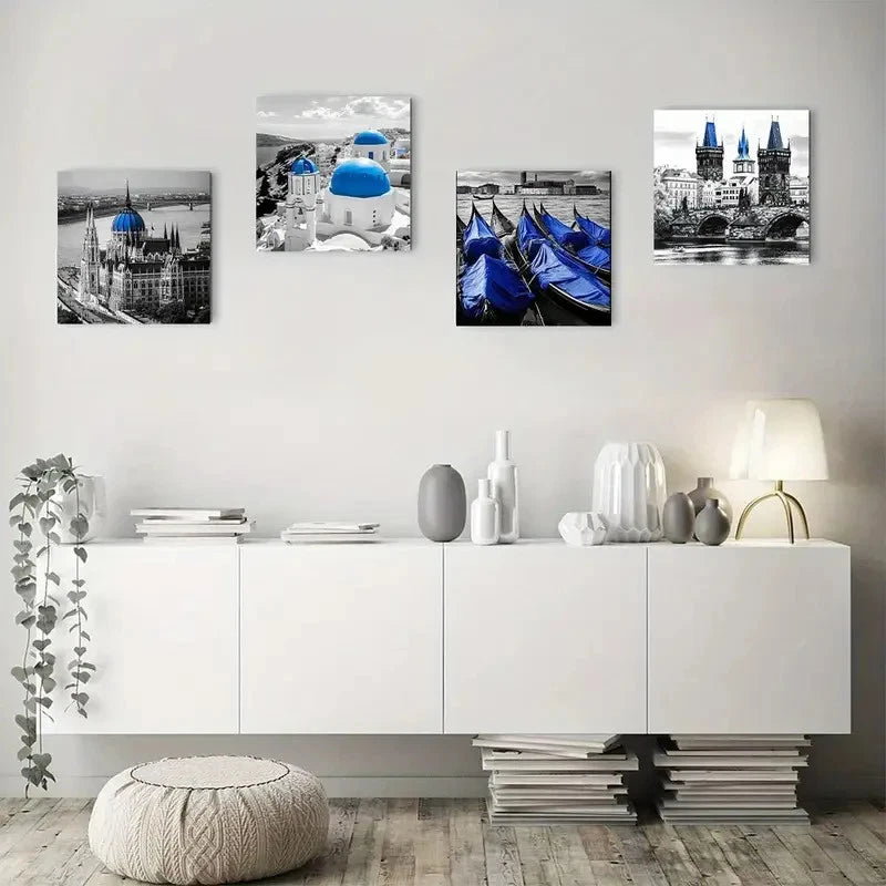 4pcs Black And Gray Beach Wall Art Canvas Framed
