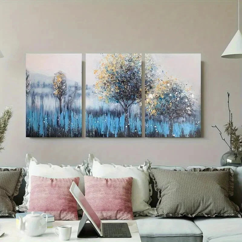 3pcs Abstract Blue and Yellow Tree Metal Print Ready to Hang Art - Bella Home Decor