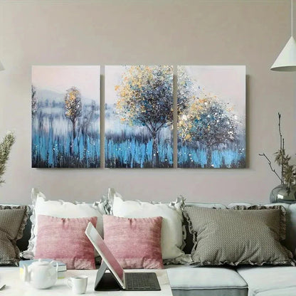 3pcs Abstract Blue and Yellow Tree Metal Print Ready to Hang Art - Bella Home Decor