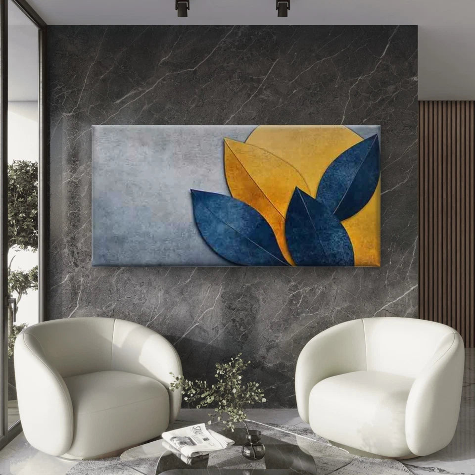 Abstract Leaf Blue And Yellow Wall Art Canvas Office Home Room Framed 120x60cm - Bella Home Decor