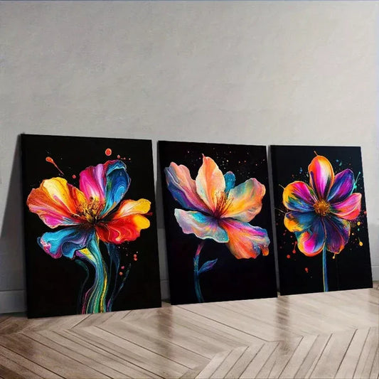 3pcs A Colorful Flower Black Background Wall Art Set Canvas Framed 60x90cm - High Quality Print 100% Australian Made Wall Canvas Ready to Hang