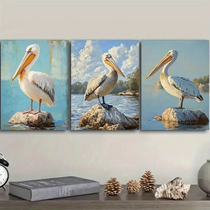 3pcs Pelican Perched on a Rock in Water Wall Art Set Canvas Framed 40x60cm - High Quality Print 100% Australian Made Wall Canvas Ready to Hang - Bella Home Decor