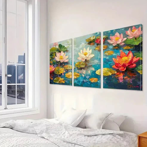 3pcs Decorative Lotus Flowers with Pink Petals  Art Set Canvas Unframed - High Quality Print 100% Australian Made Wall Canvas - Bella Home Decor