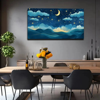 Dining room with a large wall canvas of a night sky scene, table with flowers, and chairs.