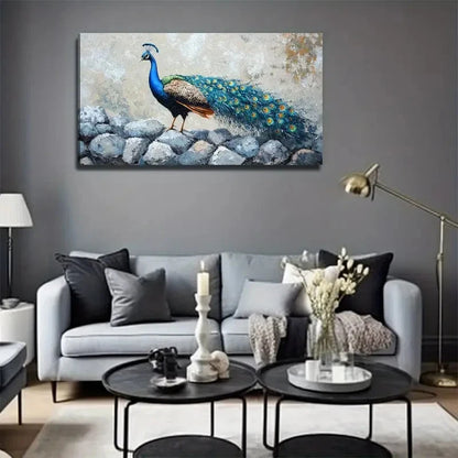 Peacock Standing On The Stone Wall Art Canvas Office Home Room Framed 120x60cm
