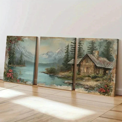 3pcs Rustic Log Cabin Lake View Snowy Mountains Wall Art Set Canvas Framed 60x90cm - High Quality Print 100% Australian Made Wall Canvas Ready to Hang - Bella Home Decor