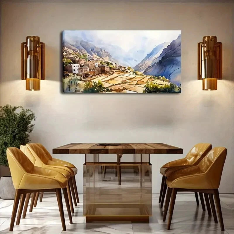 Mountain Village Scene Décor Wall Art Canvas Office Home Room Framed 120x60cm - Bella Home Decor