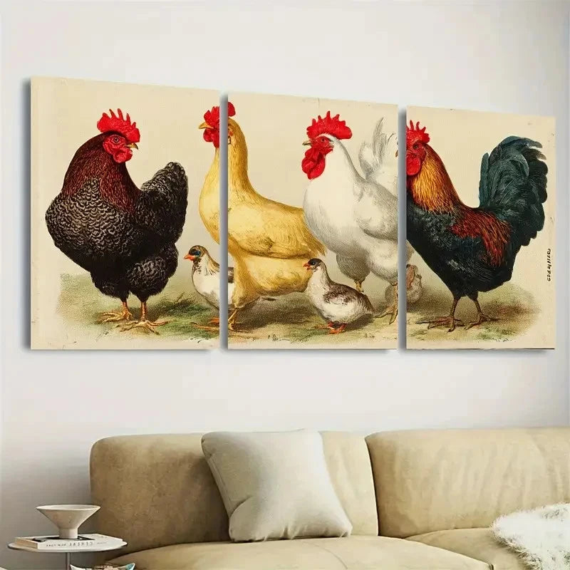 3pcs Vintage Poultry Print, Chicken poster Wall Art Set Canvas Framed 40x60cm - High Quality Print 100% Australian Made Wall Canvas Ready to Hang - Bella Home Decor