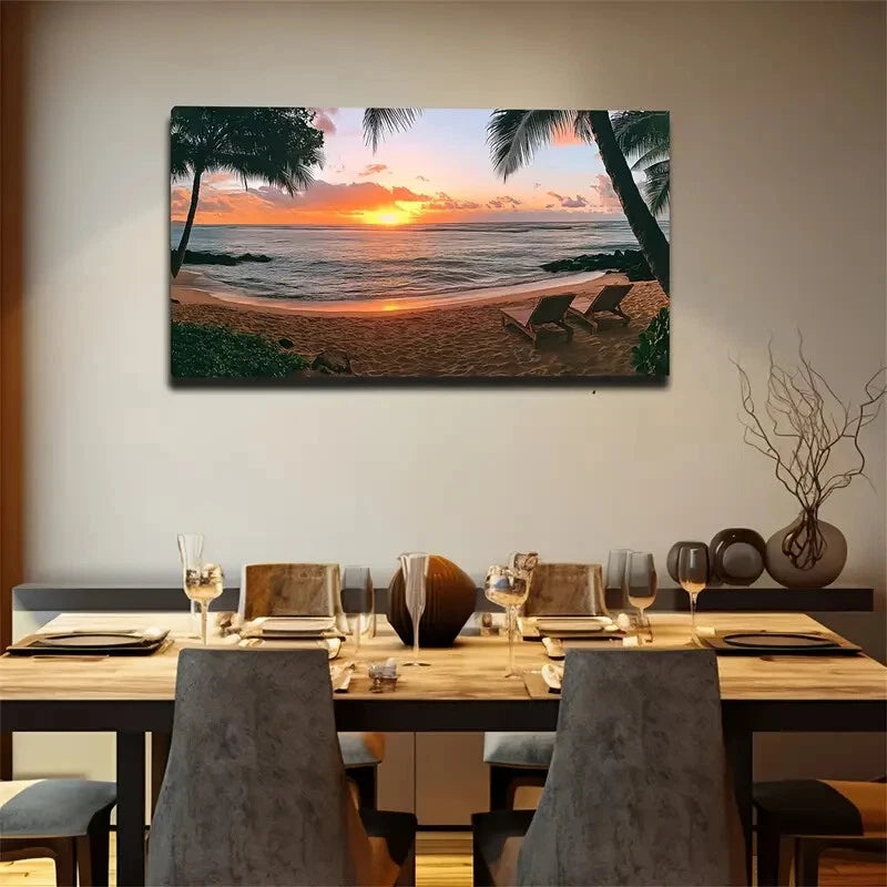 Vibrant Palm Trees & Ocean View Wall Art Canvas Office Home Room Framed 120x60cm - Bella Home Decor