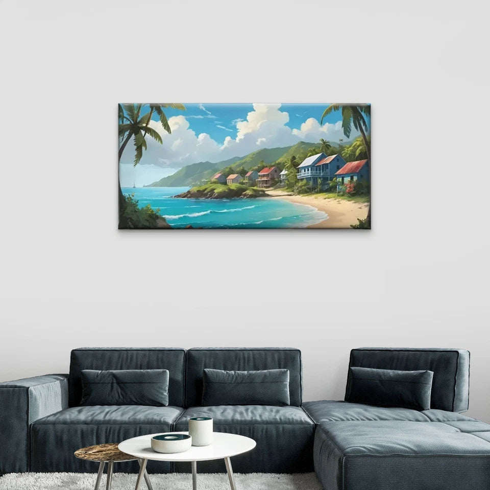 Beach Sky Palm Trees Blue Wall Art Canvas Office Home Room Framed 120x60cm