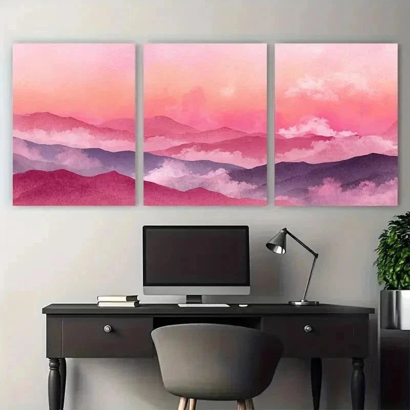 3pcs Pink Sunrise Watercolor Landscape Perfect Wall Art Set Canvas Framed 50x70cm - High Quality Print 100% Australian Made Wall Canvas Ready to Hang
