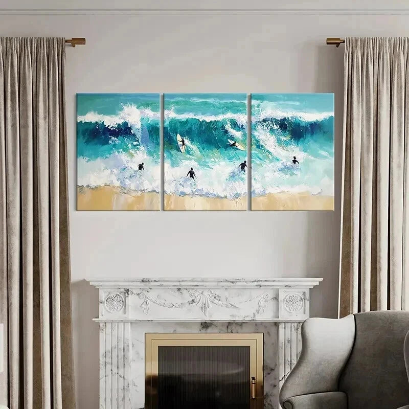 3pcs Vibrant Sea Landscape with Surfers Wall Art Set Canvas Framed 60x90cm - High Quality Print 100% Australian Made Wall Canvas Ready to Hang - Bella Home Decor