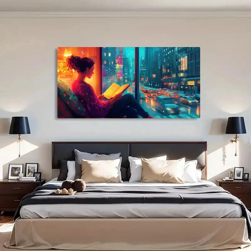 Cityscape Girl Rain Reading Wall Art Canvas Office Home Room Framed 120x60cm - Bella Home Decor